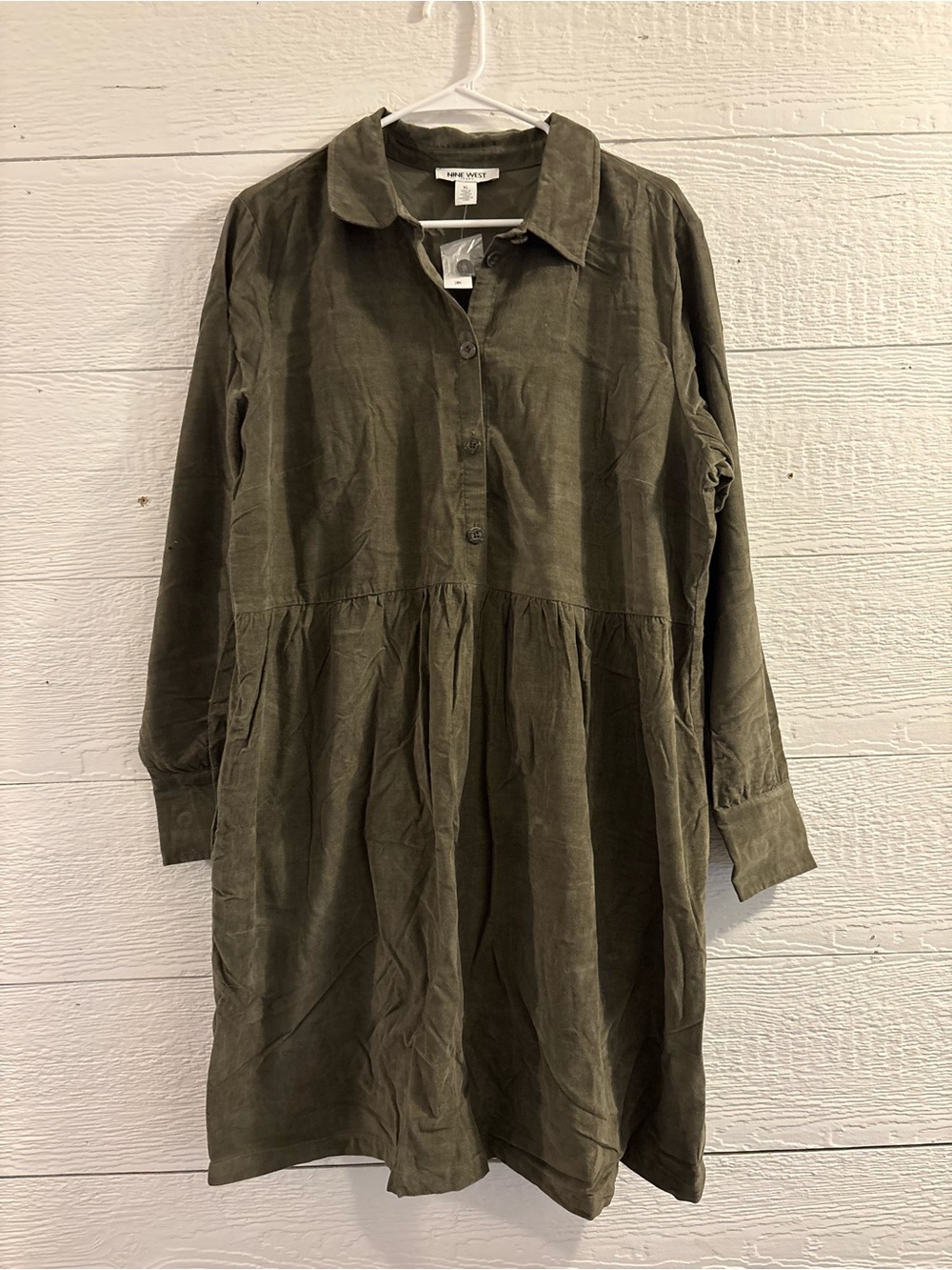 Nine West Moss Green 100% Cotton Button-Front Dress